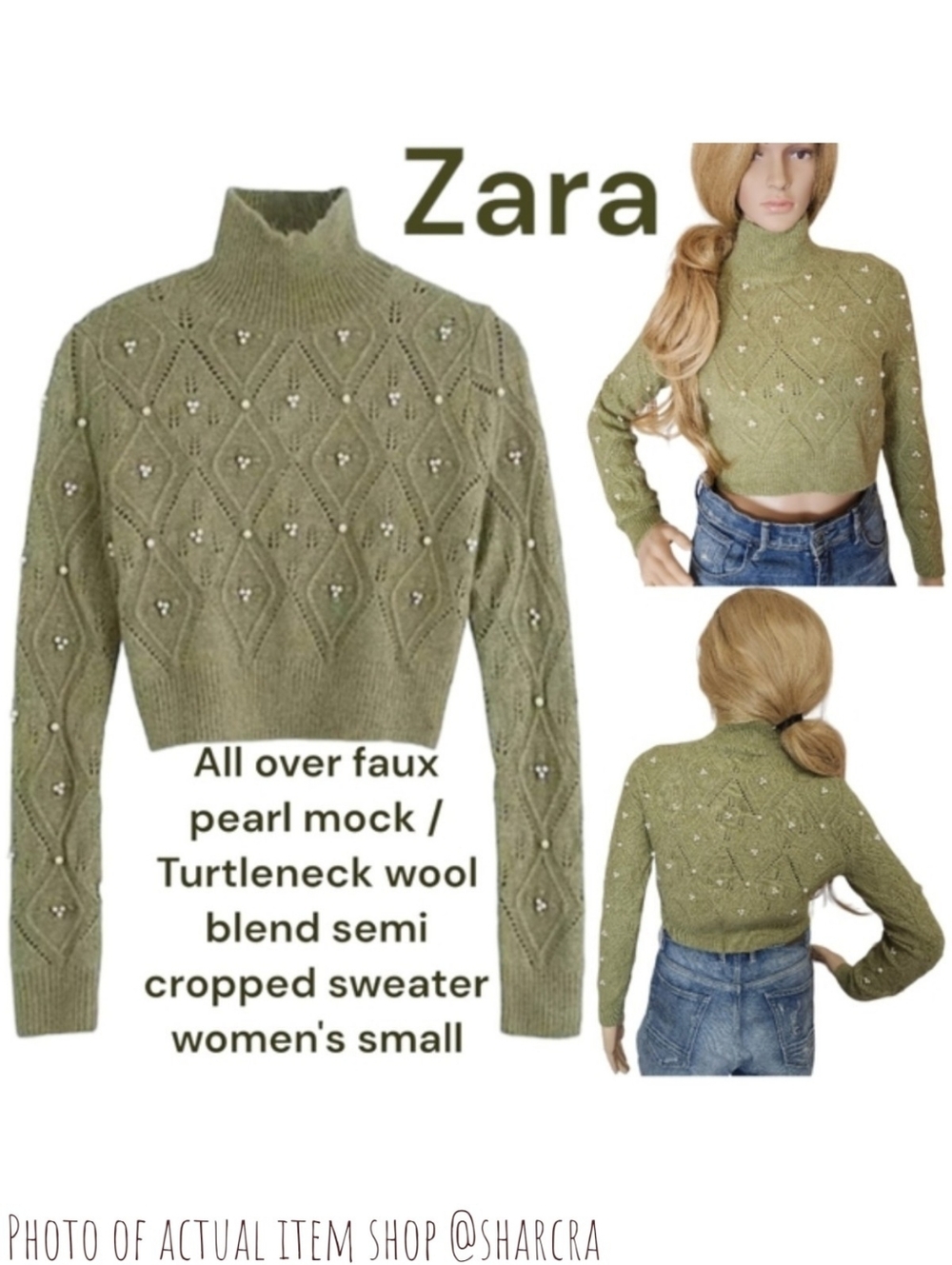 Zara Women's faux pearls diamond cable knit Mock Neck semi crop Green sweater S